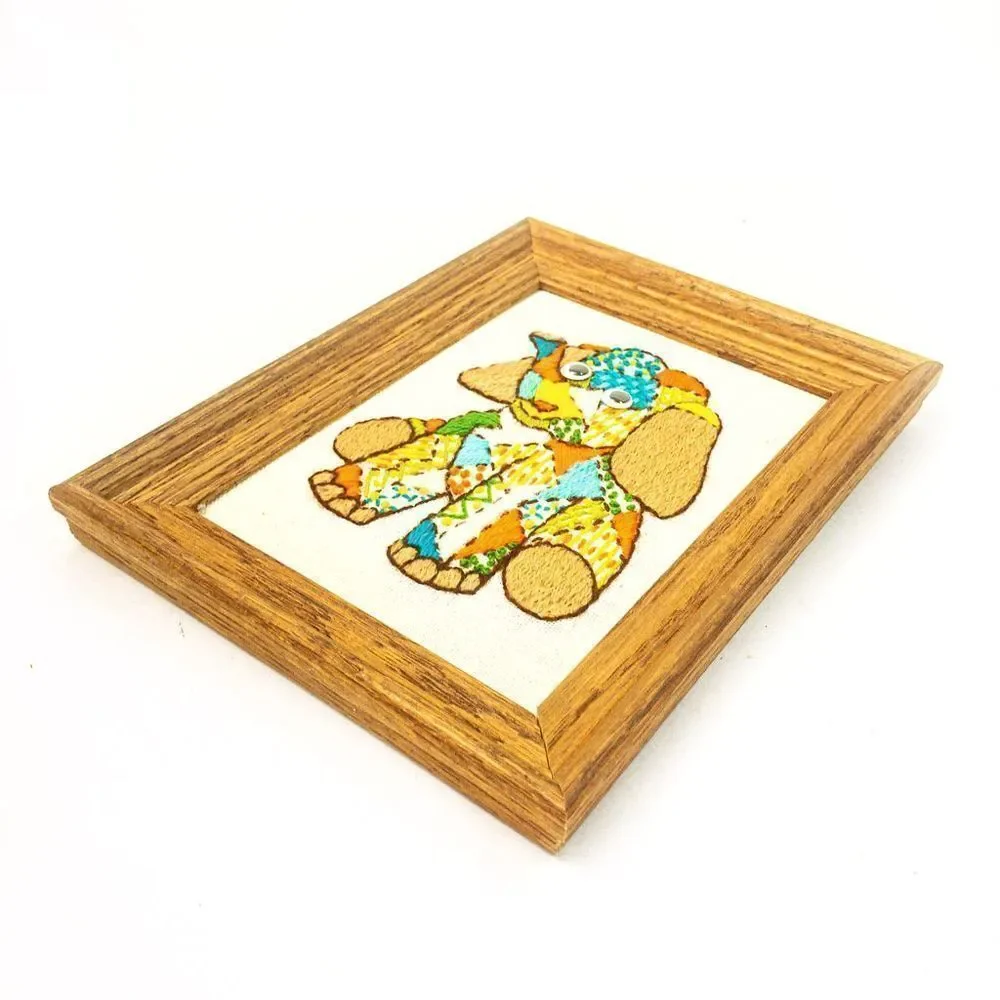 Vintage Nursery 1978 Crewel Stitch Elephant Framed Wall Decor